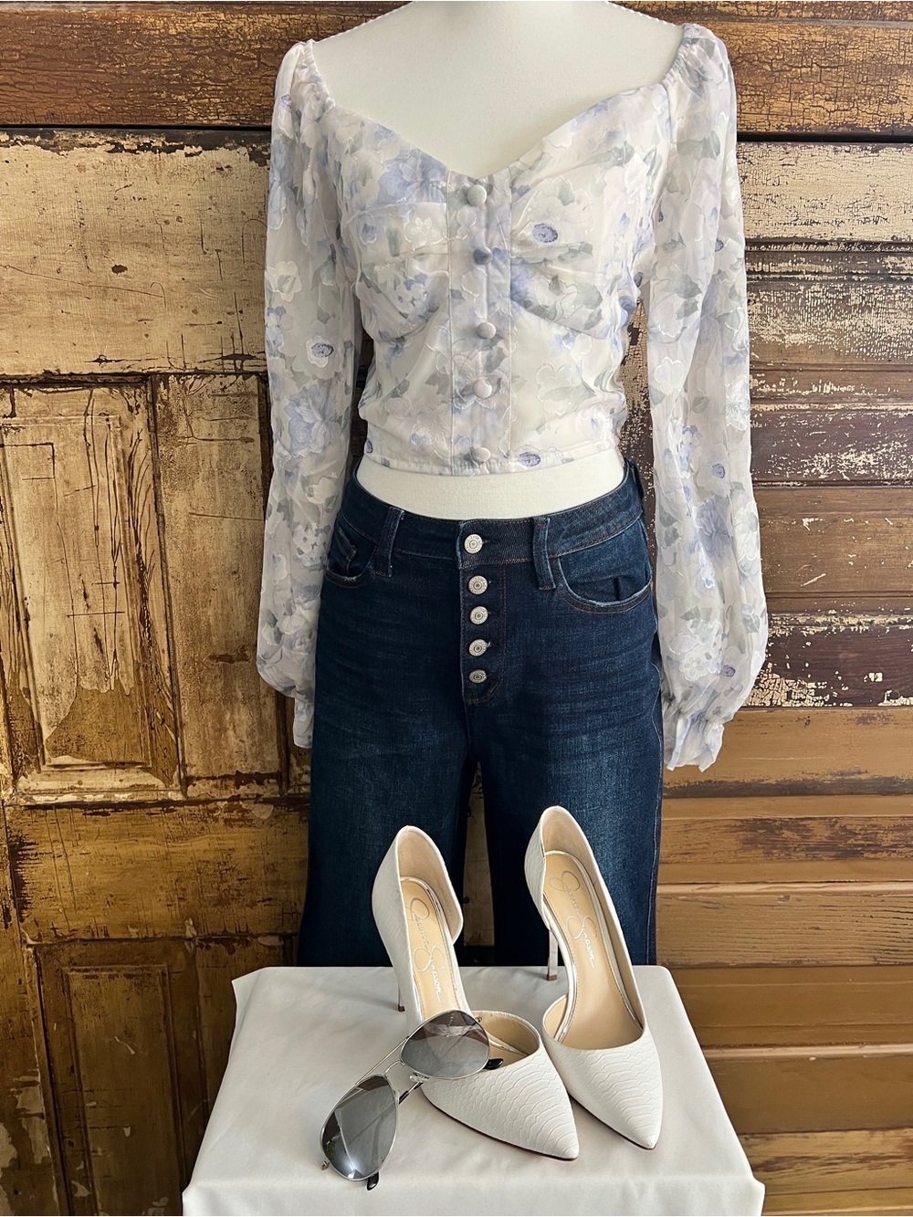 Floral Puff Sleeve Crop Top | Square Neck Smocked Blouse | Size L